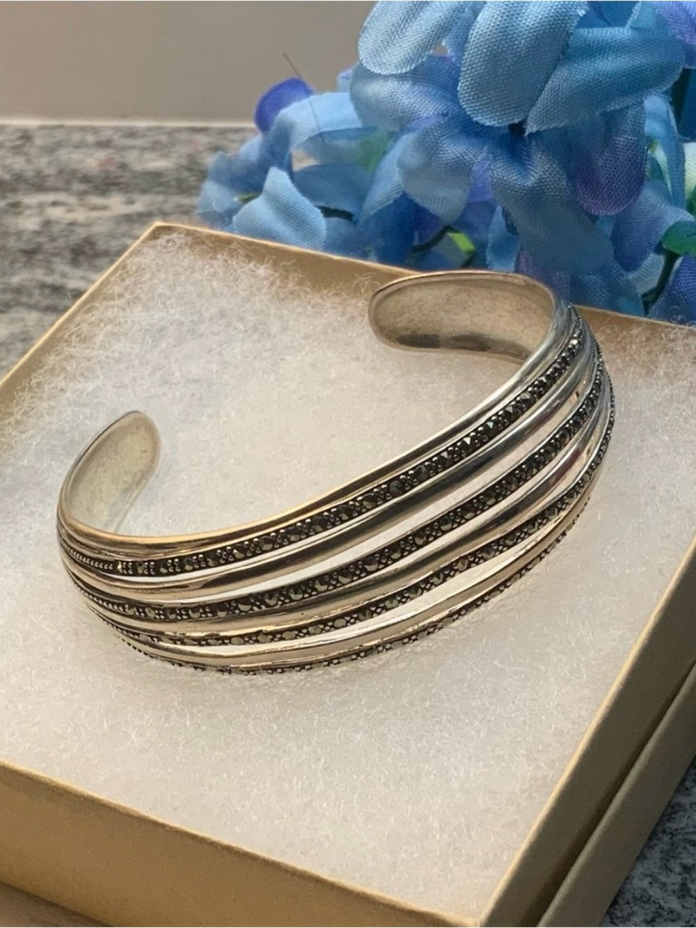 Vintage Sterling silver marcasite multi-row silver cuff bracelet